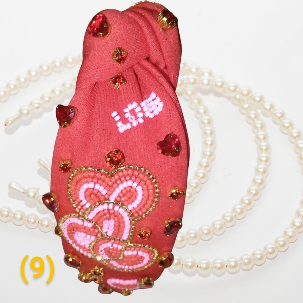 Olivia Michael Valentine Beaded Heart Headband Rhinestone Cushion Topknot New